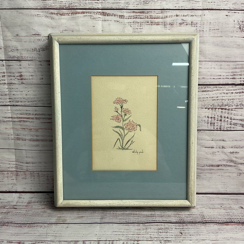 VTG. Pink Carnations Original Drawing by Gladys Pred 15" Signed, Matted & Framed