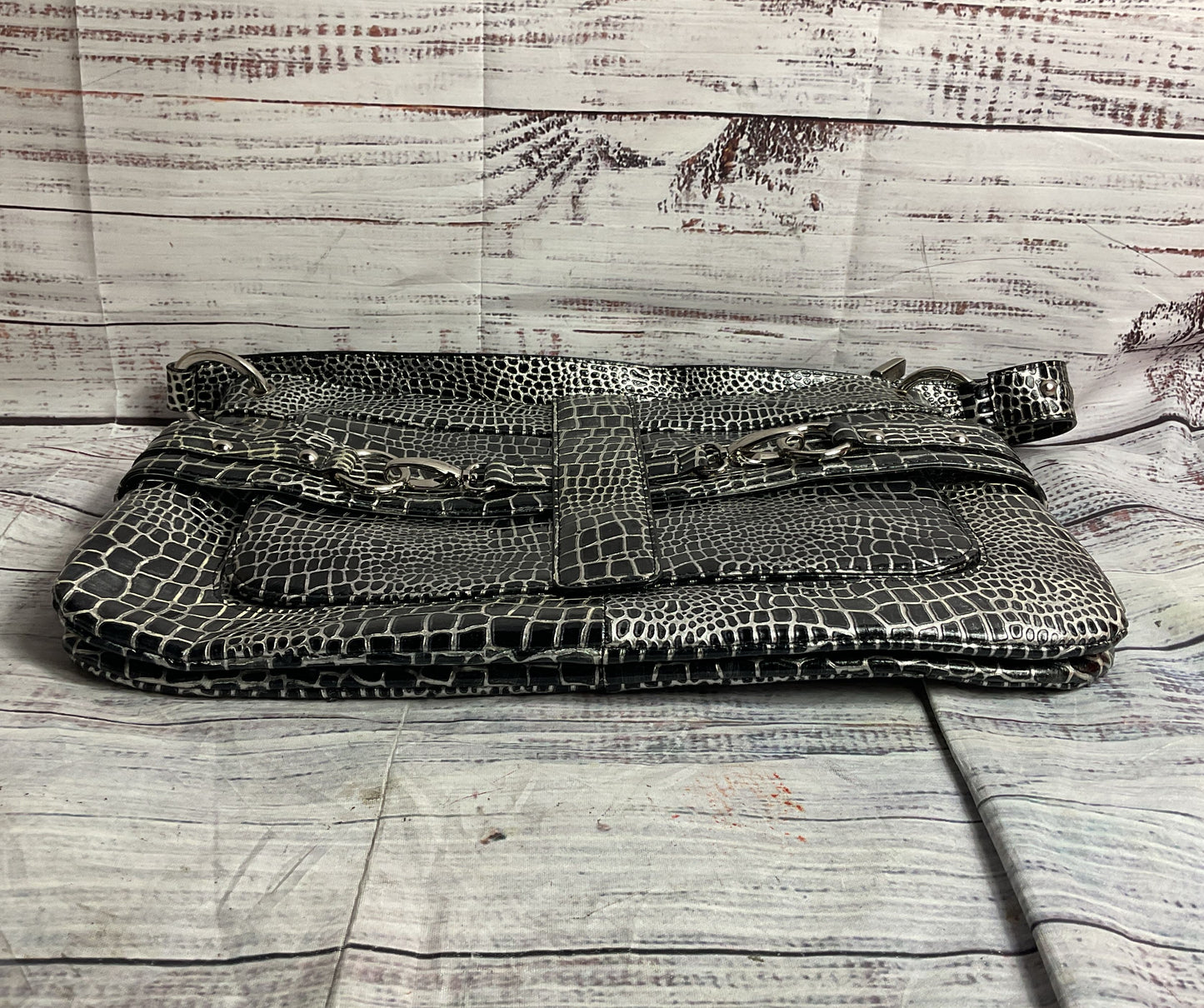 Charlie Lapson Leather Crocodile Embossed Shoulder Bag Black