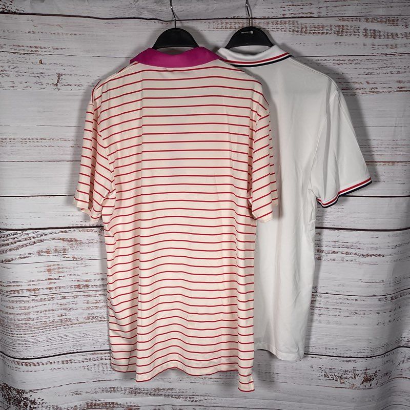 Lot of 2 G/Fore White & Red Stripe Polo Shirts (1 XL, 1 L)