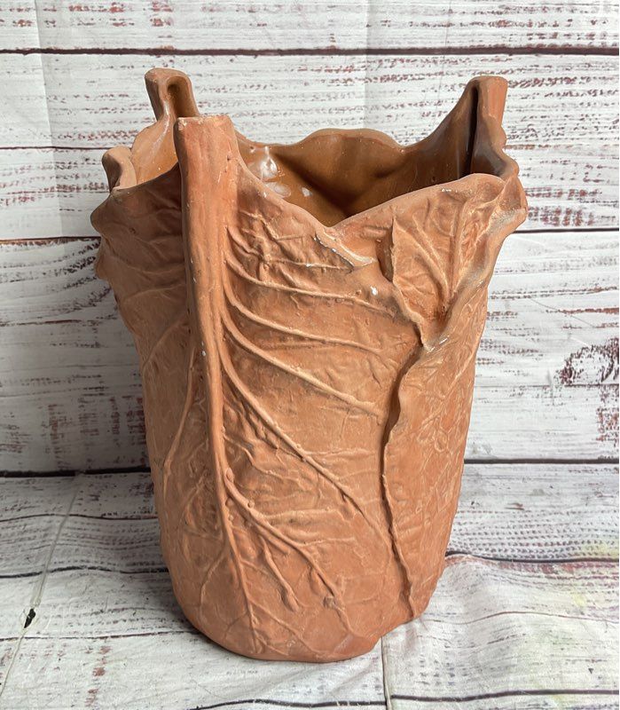 Handmade Cabbage Leaf Pottery 10" Vase Terracotta
