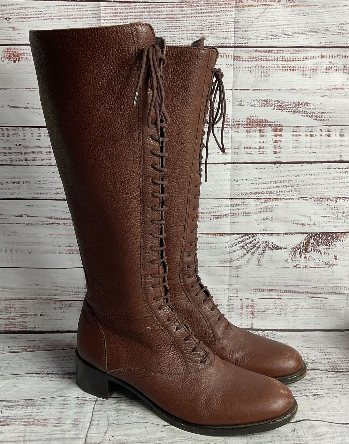 Jil Sander Leather Lace Up Knee High Boots Brown 39