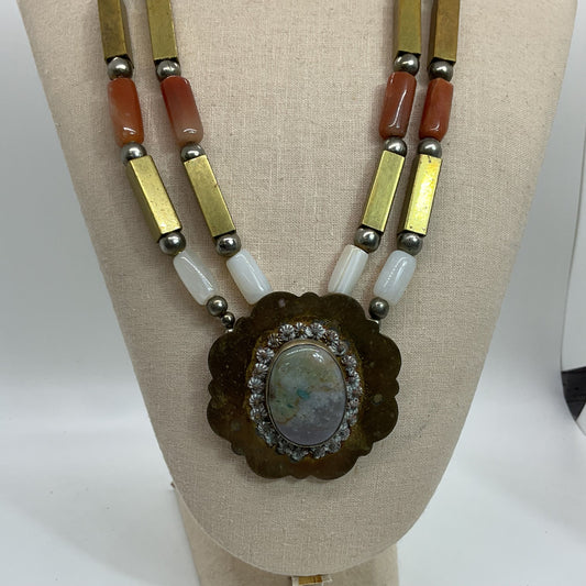 VTG. Artisan Brass and Silver Tone Multi Color Jade & Agate Beaded Necklace- 24"