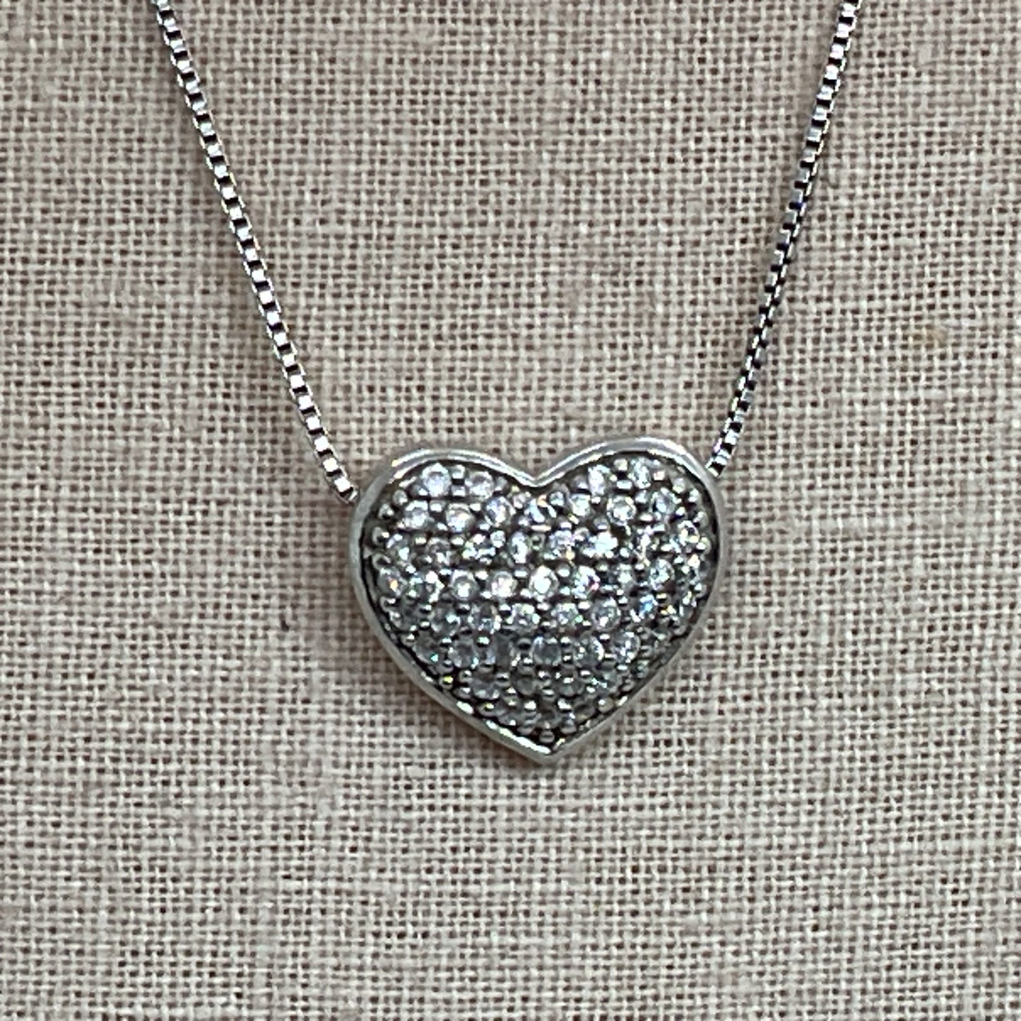 FAS Sterling & Pave Rhinestone Heart Pendant 17.5" Box Chain Necklace- 4.34g