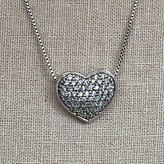 FAS Sterling & Pave Rhinestone Heart Pendant 17.5" Box Chain Necklace- 4.34g