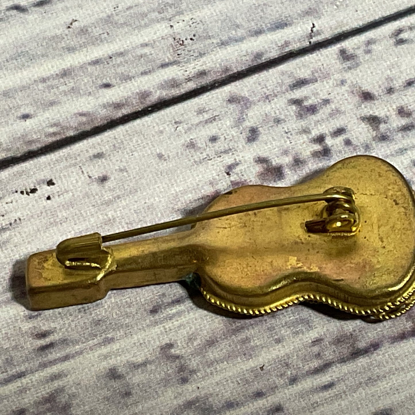 VTG. Brass Italian Micro Mosaic Guitar Brooch- 1.75"