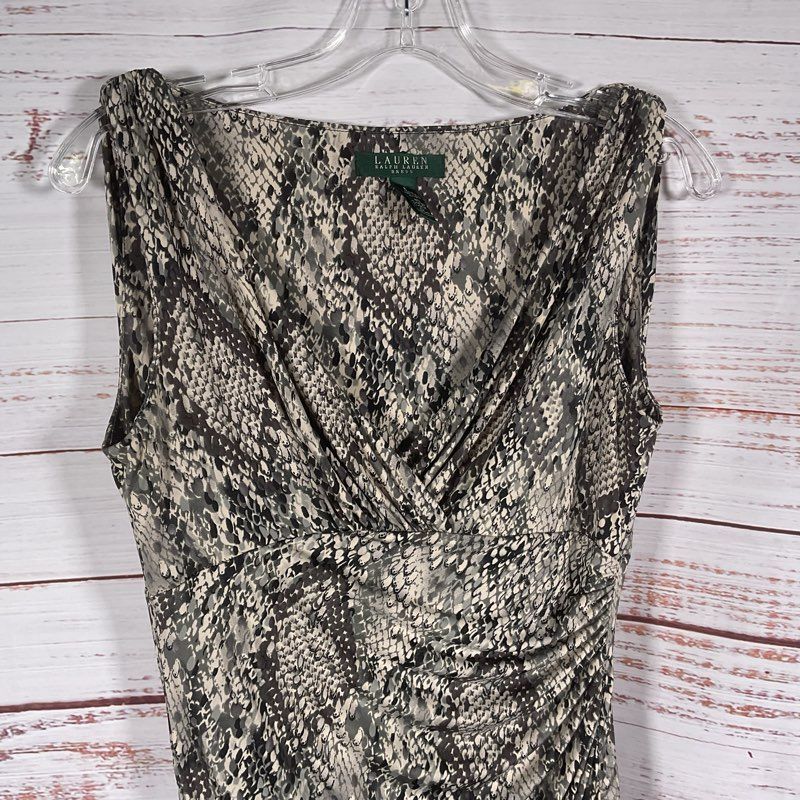 Lauren Ralph Lauren Gray Snake Print Sleeveless Low Cut Midi Dress - Size 8