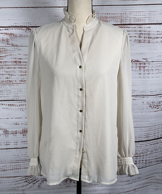 Carmen Marc Valvo Ruffle Button Blouse Tranquil Taupe S