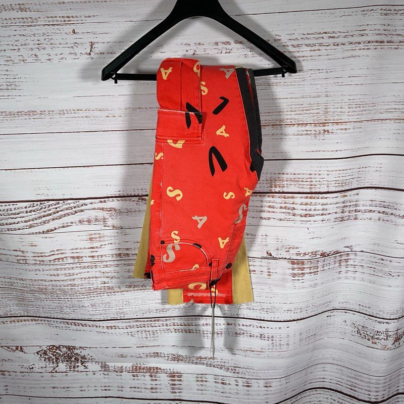 NWT Valabasas Puzzled Red Denim S/S 2 pc Pants Suit Top Size S Pants Size 32