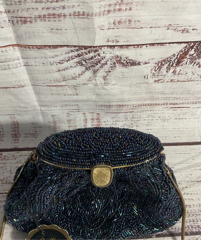 Vintage La Regale Metallic Beaded Dark Blue Clutch Bag Gold Tone Strap