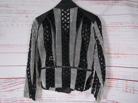 Yigal Azrouel Women's Black & White Lace Lambskin Leather Moto Jacket Size 2