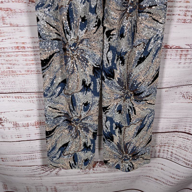 NWT Badgley Mischka Silver & Blue Floral Sequined Wide Leg Pants - Size M