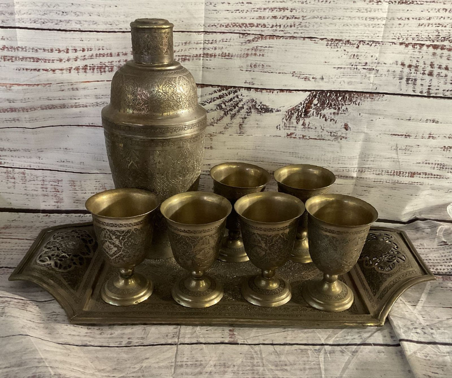 Vintage Etched Floral Cocktail Shaker & Cups Bar Set Tin