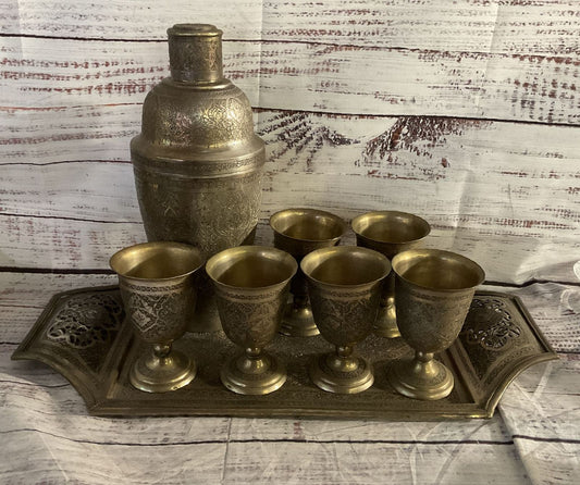Vintage Etched Floral Cocktail Shaker & Cups Bar Set Tin
