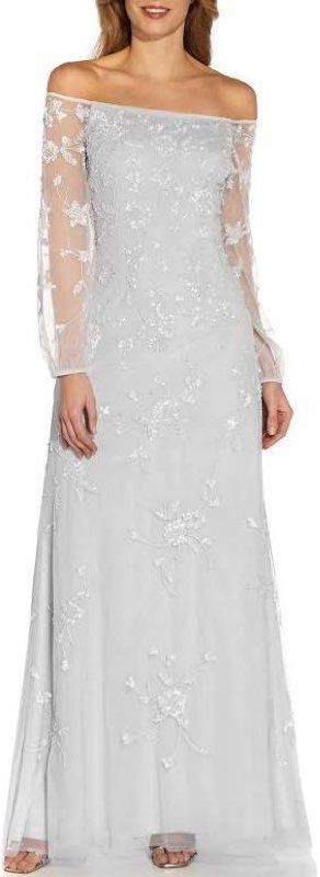 NWT Adrianna Papell Beaded Off Shoulder Gown in Ivory Biscotti Sz 2 Retail $329