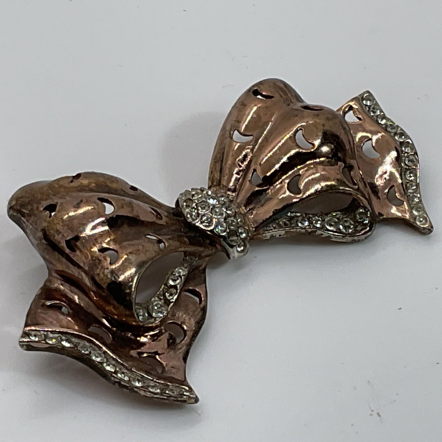 VTG. REJA Sterling Silver Vermeil Rhinestone 2.5" Bow Brooch- 21.91g