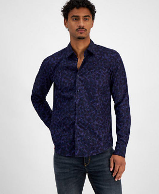 HUGO BOSS Ermo Casual Cotton Shirt Abstract Pattern Kent Collar Slim Fit -Size S