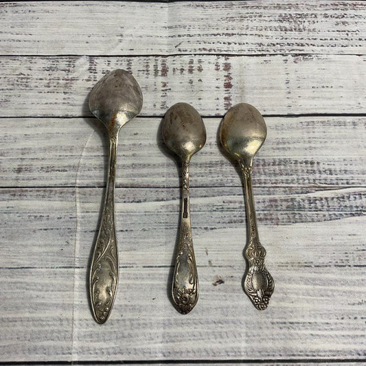 Lot Of 3 Assorted Russian Mhu Silver Plate Spoons (2 Teaspoons, 1 Cereal Spoon)