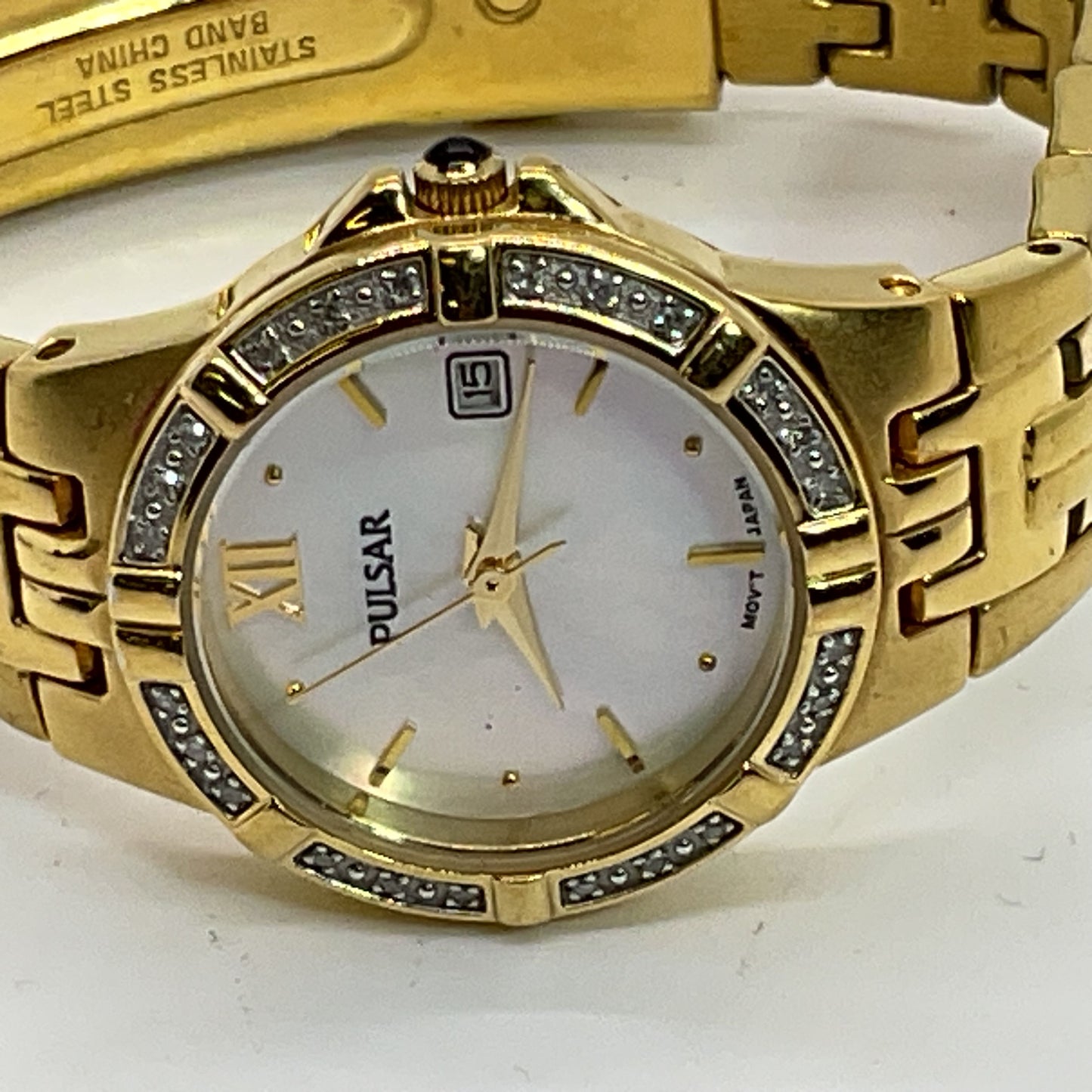 PULSAR Diamond Accent MOP Dial Ladies Gold Tone Watch- 6" (NEEDS BATTERY)