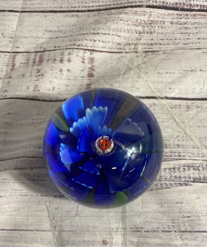 Vintage Blue Blossom Flower Paperweight Green Bottom Floral Glass