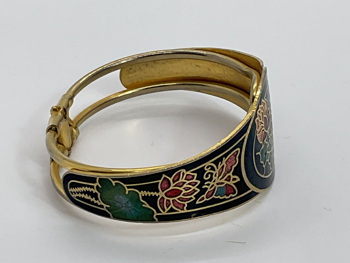 VTG. Brass Cloisonne Floral Hinged Bangle Bracelet- 6.75"