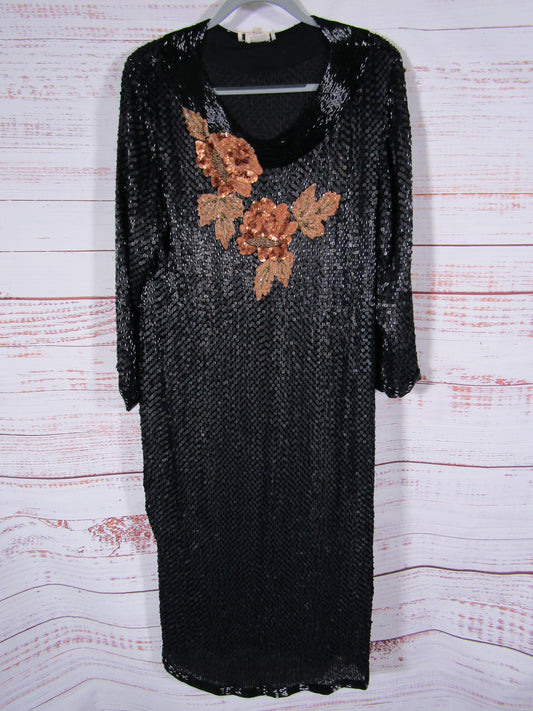 Vintage Frank Usher Women's Black Sequin Floral Silk Gown Dress Size M