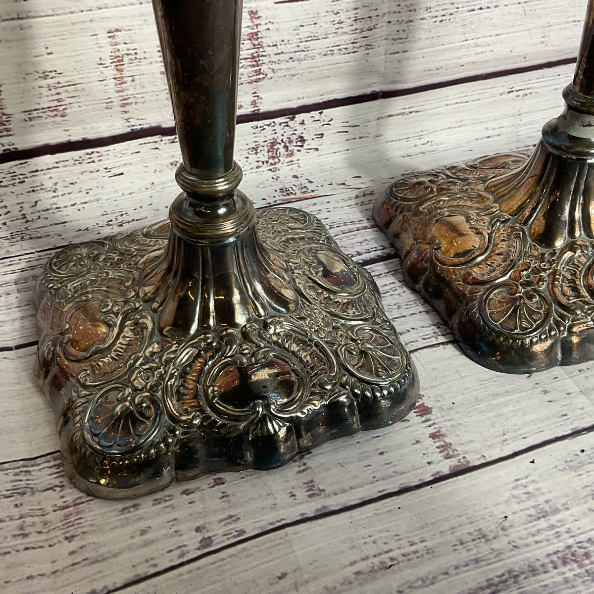 Pair of ANTIQUE FORBES Silver Co. Quadruple Plated Repoussé 10" Candle Sticks