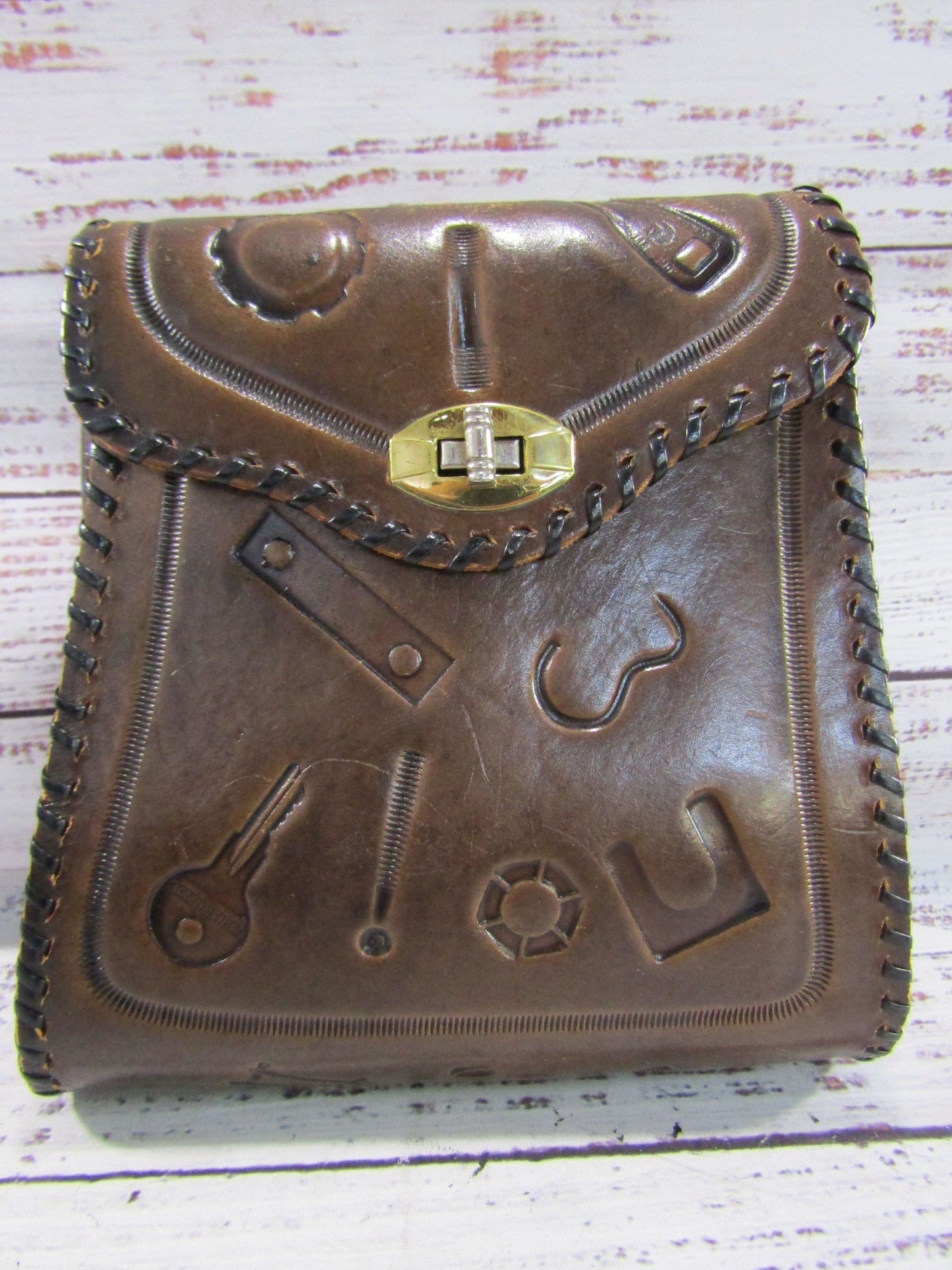 Vintage Artisan Handcrafted Leather Hardware & Tool Motif Clutch Bag