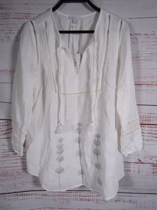 Calme by Johnny Was Gauze Tunic Women's White Floral Embroidered Blouse Size S