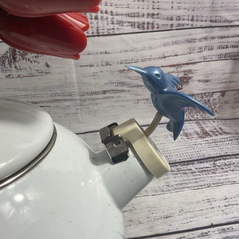 Vintage Via Ancona Hummingbird & Red Tulip Enamel Whistling Kettle Teapot