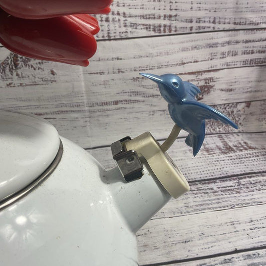 Vintage Via Ancona Hummingbird & Red Tulip Enamel Whistling Kettle Teapot