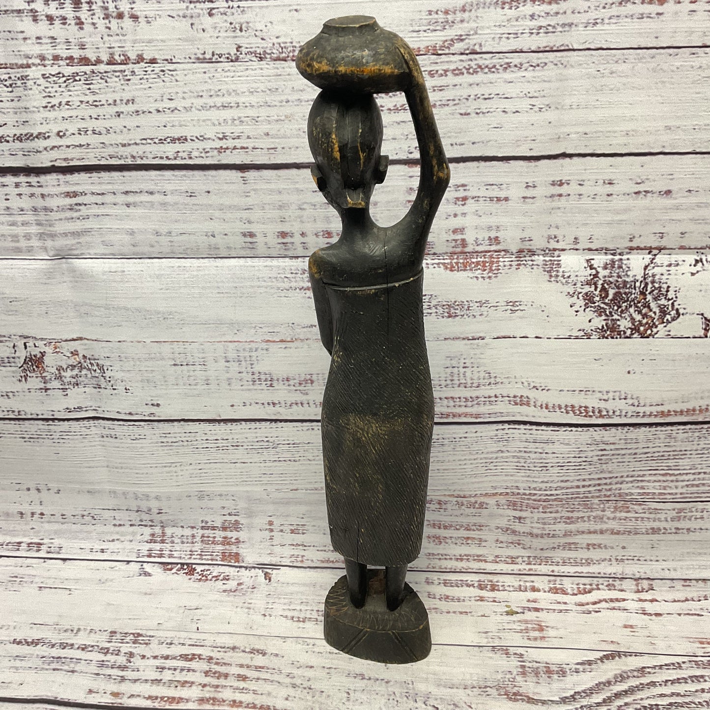 Hand Carved Kenyan Woman Carrying Pot On Head Statue Sculpture