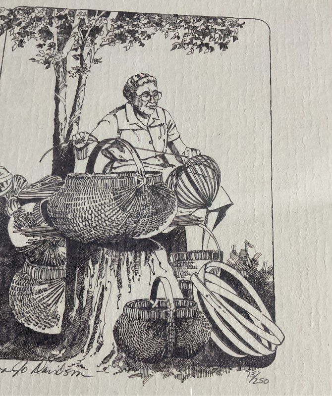 Vintage Debra Jo Davidson Signed Etching Print Woman Weaving Baskets #13/250