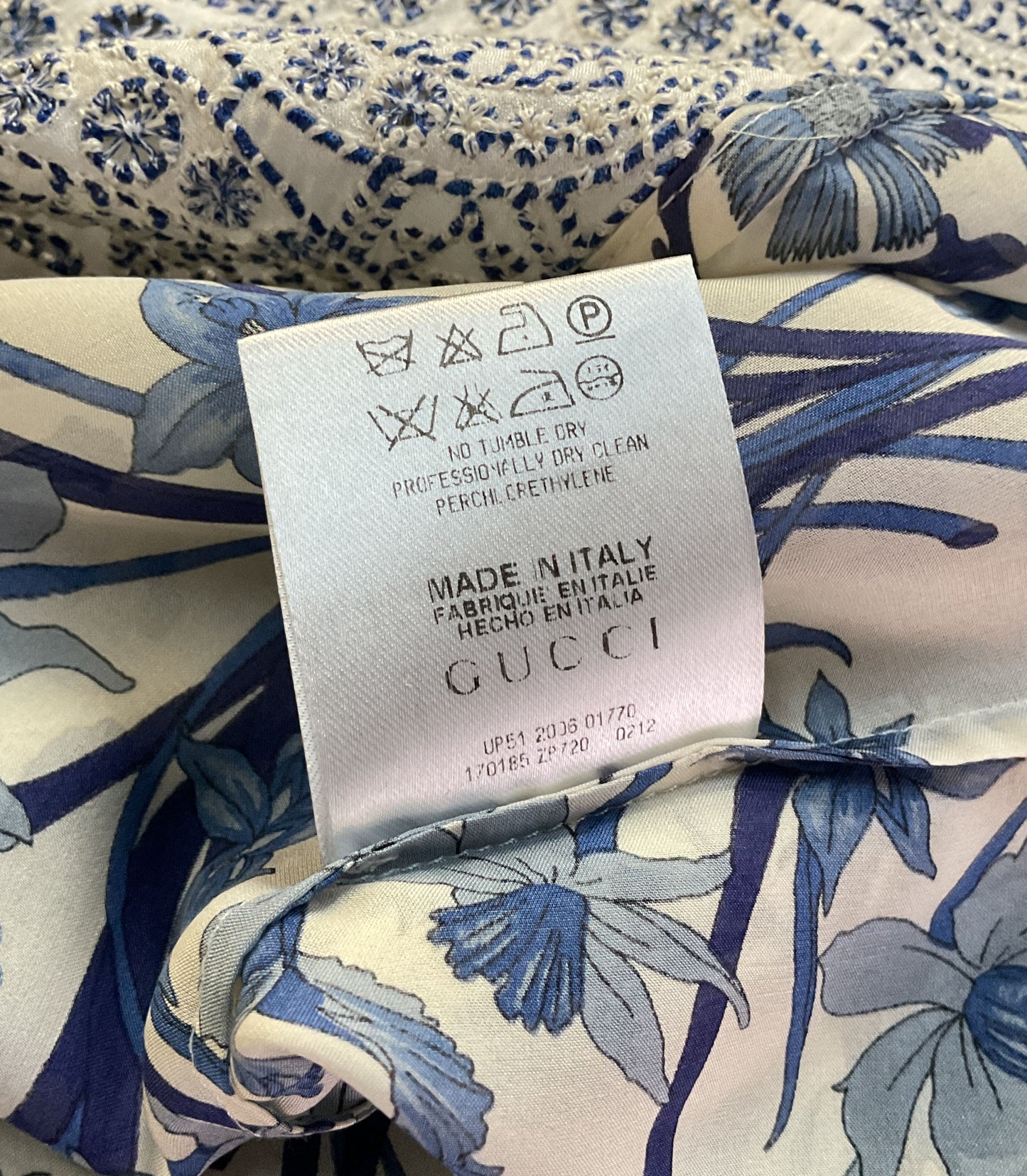 Gucci Silk Floral Lace Snap Button Long Sleeve Blouse Blue White 44