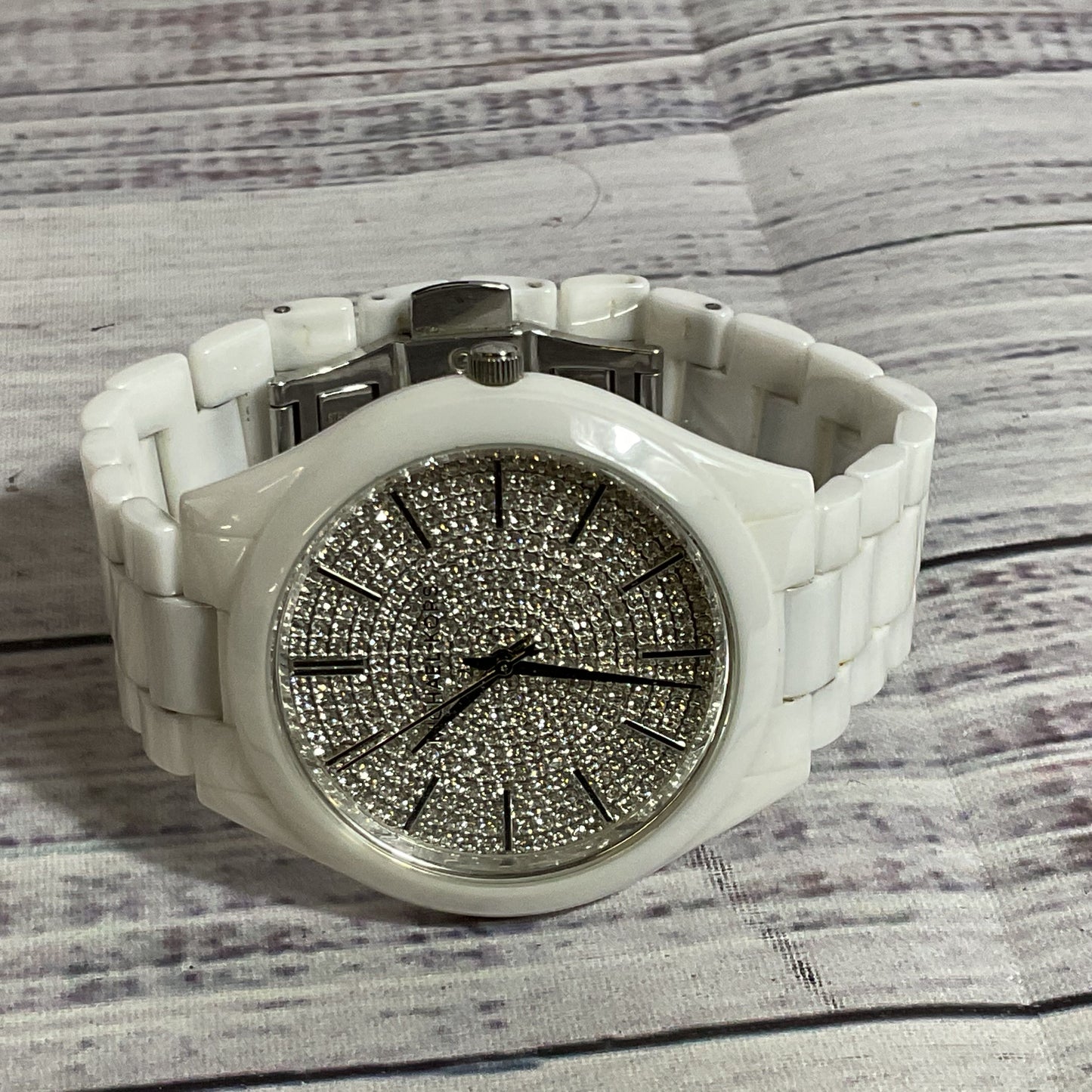 MICHAEL KORS MK-3448 Slim Runway Pavé Silver-Tone Ceramic Watch- 7.5"