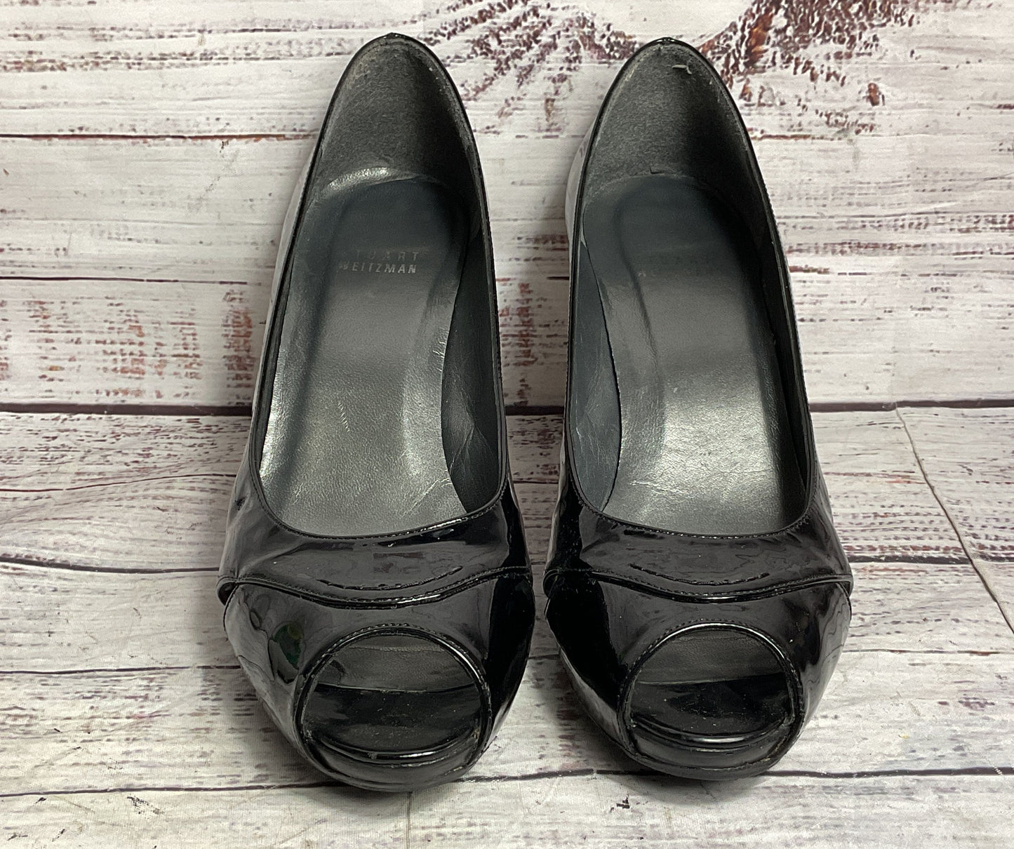 Stuart Weitzman Overit Patent Leather Peep-Toe Heels Black 8.5