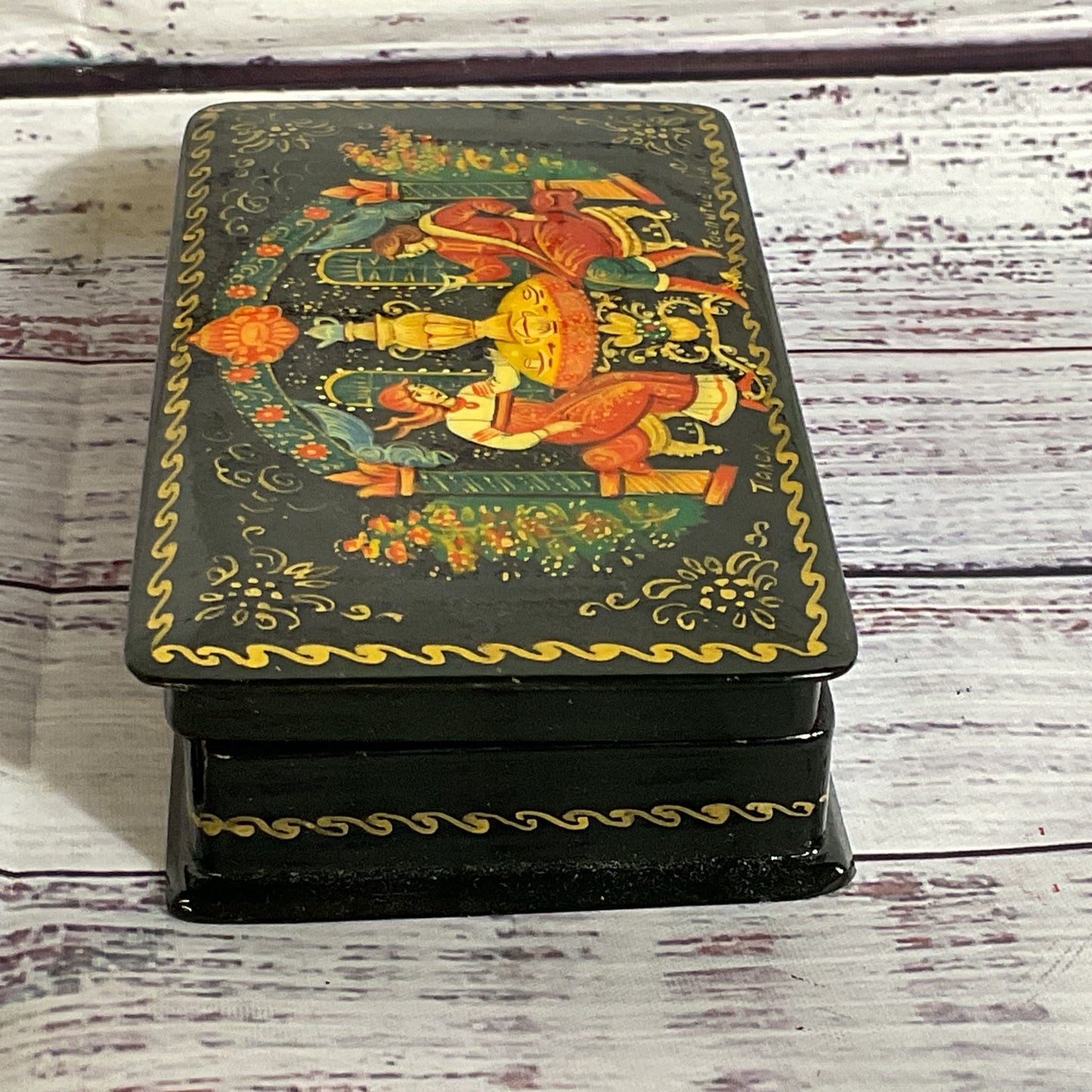 VTG. Russian Black Lacquer Hand Painted Trinket Box- 5" x 2.75"