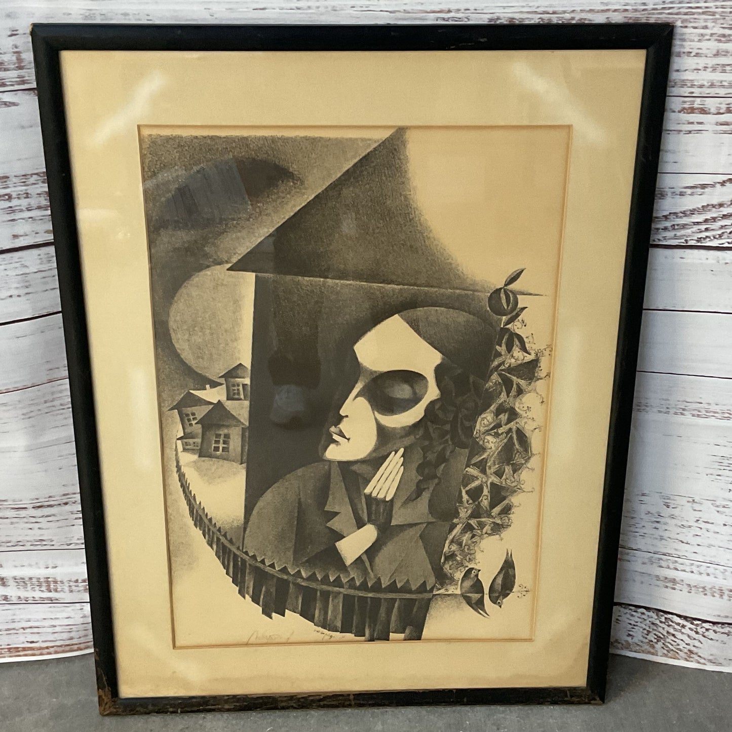VTG. Pencil Signed Yiddish Pensive Man Abstract Lithograph FRAMED 33.5" X 25.5"