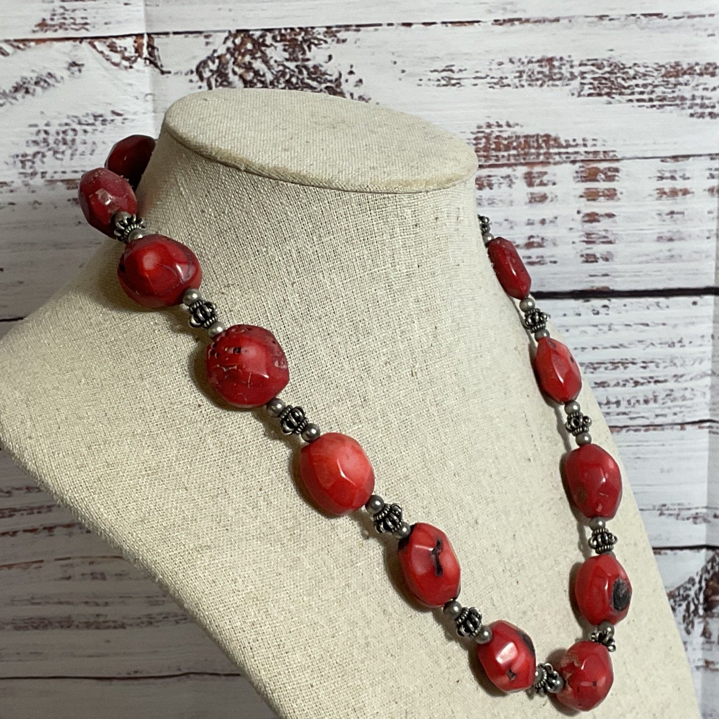 Sterling Silver Beaded Bold Chunky Red Coral Necklace- 24"