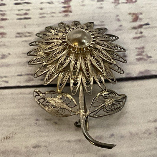 Sterling Silver Filigree Flower 2.25" Brooch- 6.46g