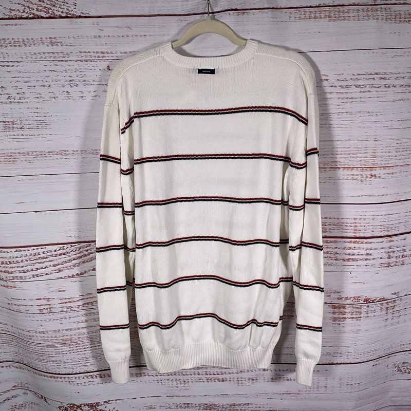 Nautica 100% Cotton Blue & Red Striped White Knit Crewneck Sweater - Size XL
