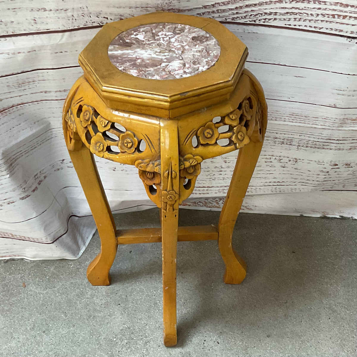 VTG/ANTIQUE Chinese Chinoiserie Carved Wood & Marble Plant Stand Table-14" x 24"