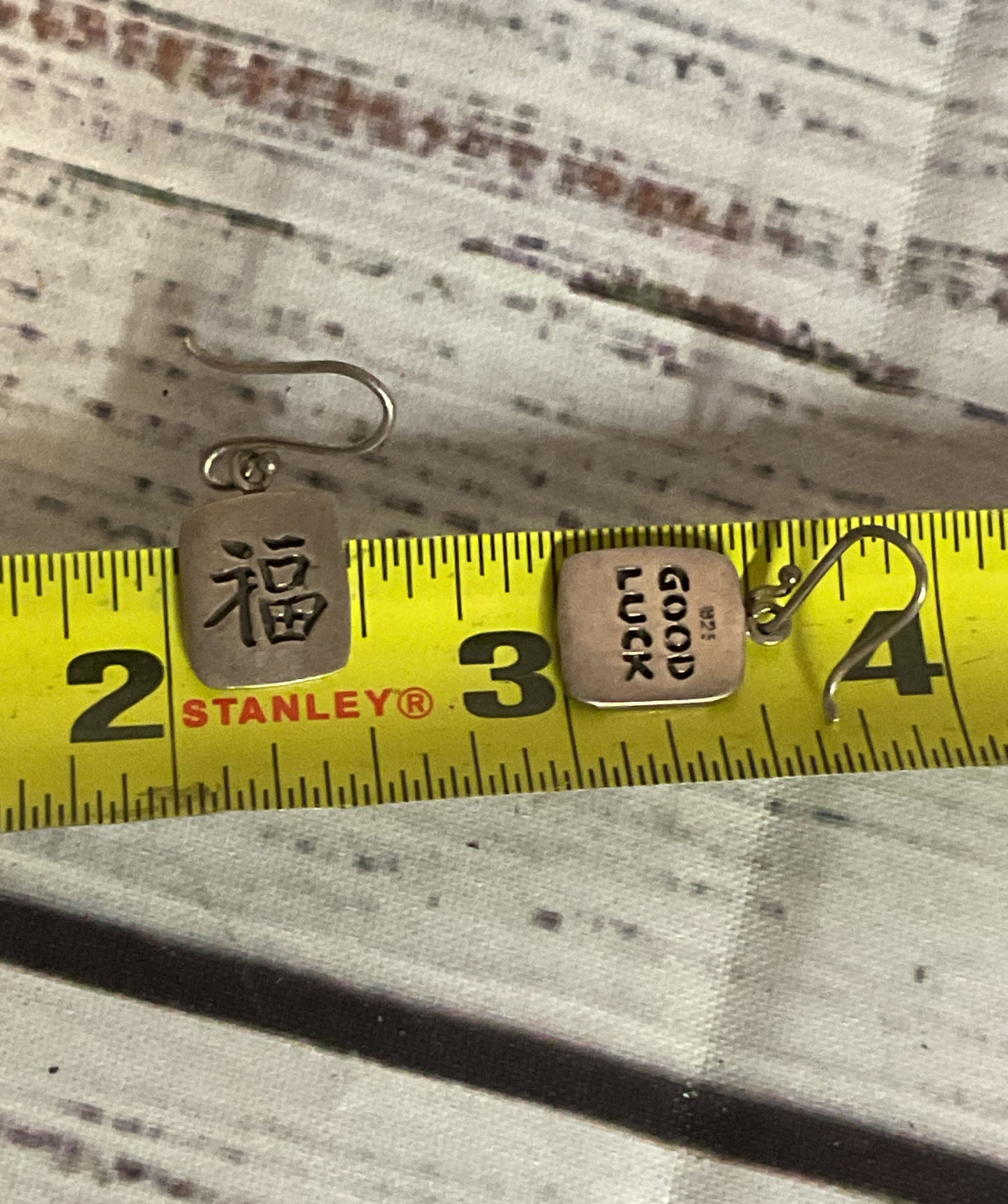 GOOD LUCK Chinese Sterling Silver Vintage Earrings