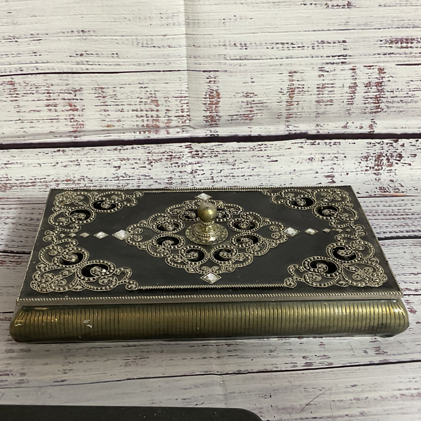VTG. Ornate Enamel Mirrored Metal Jewelry Trinket Box-4.5" x 7.25"