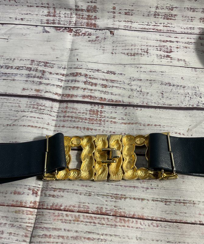 Vintage Lot of 2 Gay Boyer Women's Blue Leather Gold Buckles Belts