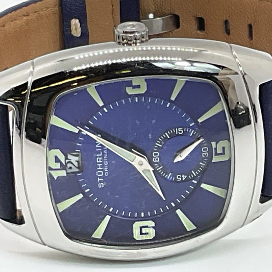 STUHRLING Men's Stainless Princeton II Blue Leather Band Quartz Watch