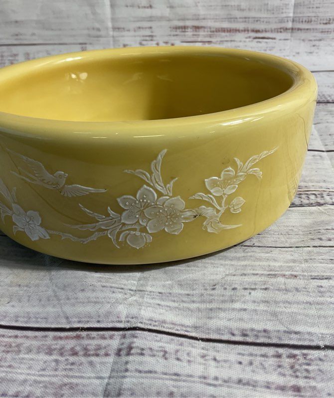 Vintage Yellow Enamel Bowl With White Hand Painted Bird Floral Art 6.5"