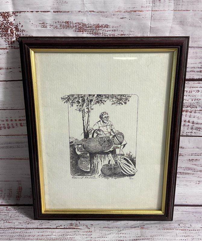 Vintage Debra Jo Davidson Signed Etching Print Woman Weaving Baskets #13/250