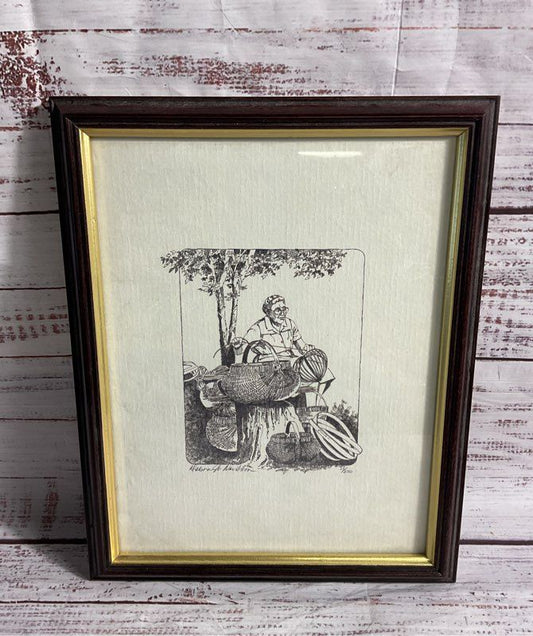 Vintage Debra Jo Davidson Signed Etching Print Woman Weaving Baskets #13/250