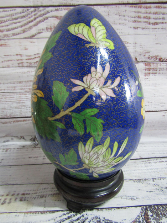 Vintage Chinese Brass Cloisonne Enamel Floral Decorative Egg Figurine