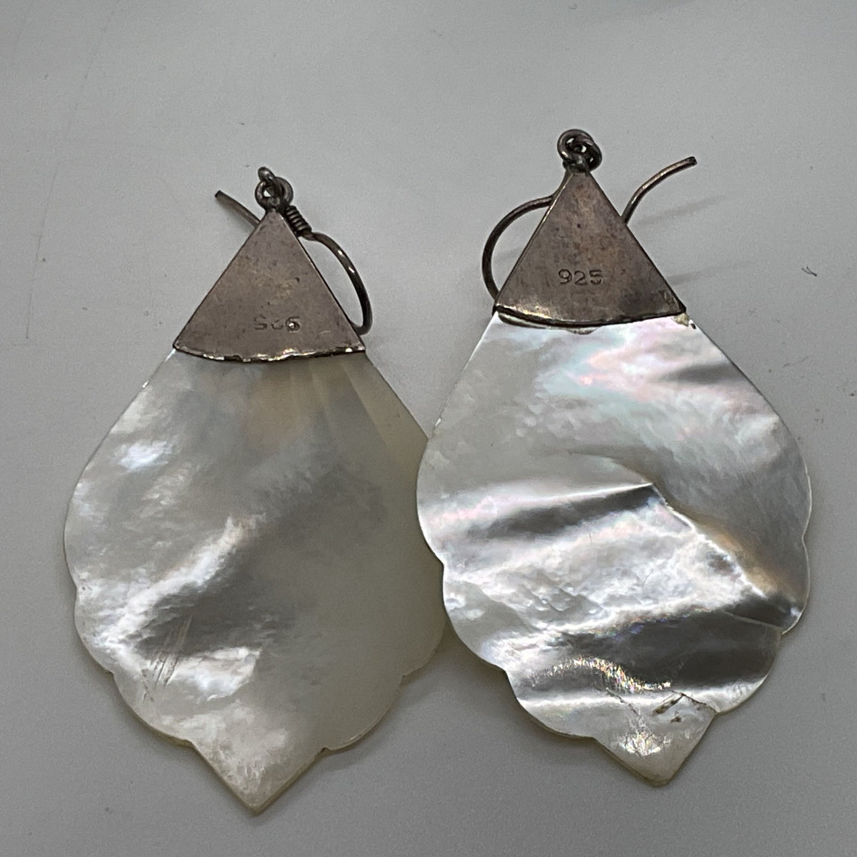 VTG. Art Deco Sterling Silver Carved Mother of Pearl 2.5" Dangle Earrings